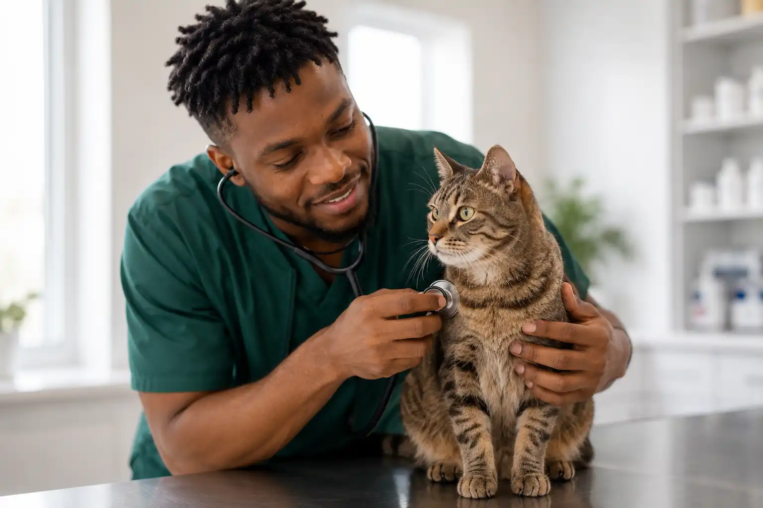 Veterinarian carefully examining a cat