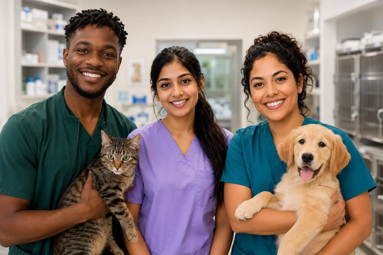 Paws and Care veterinary team gathered with a dog